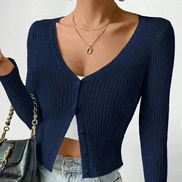 Sweaters - Navy Blue Casual Women's Slim Fit Ribbed Knit Button-Front Cardigan